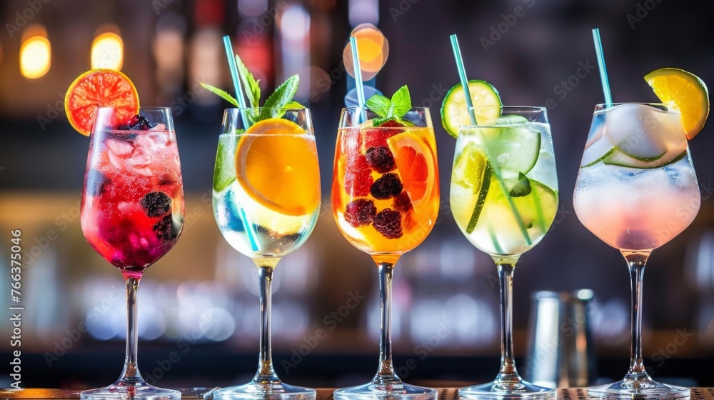 Assorted Drinks in Row of Glasses Assorted Drinks in Row of Glasses