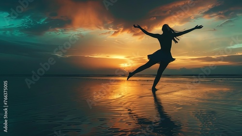 silhouette of person jumping on the beach at sunset © Ika Puput