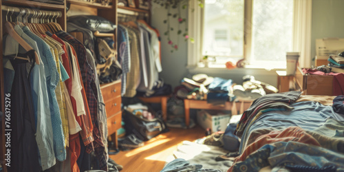 A messy bedroom with clothes scattered all over the floor and bed. The room has a cluttered and disorganized appearance, which may suggest a lack of cleanliness or a busy lifestyle