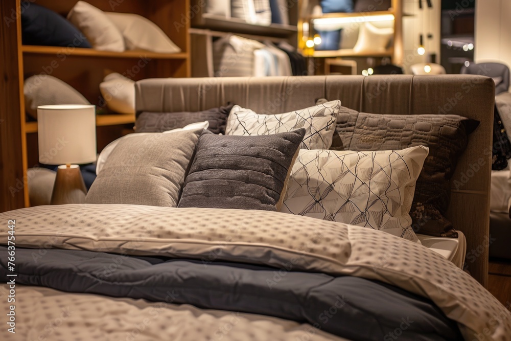 A bed with a white comforter and a blue pillow. The bed is surrounded by pillows of various colors and patterns. The bed is in a store A bed with a white comforter and a blue pillow. The bed is surrounded by pillows of various colors and patterns. The bed is in a store