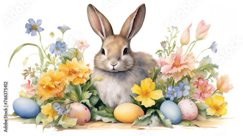 Easter bunny and pastel colored Easter eggs in the meadow with spring flowers. Watercolor illustration © elinorka