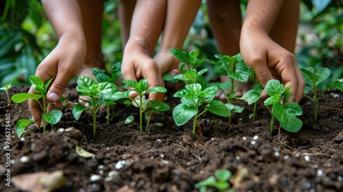 Planting Seedlings: Hands Carefully Placing Young Plants into Soil