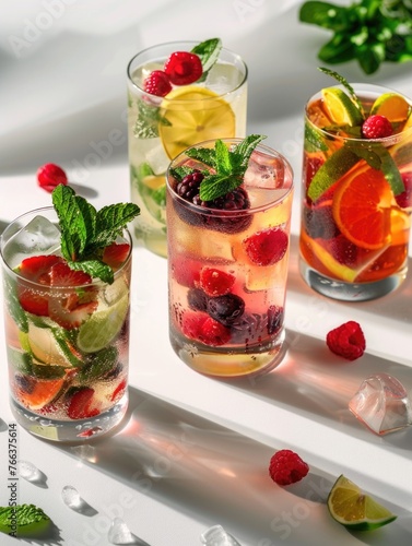 Four glasses of fruit drinks with raspberries and limes