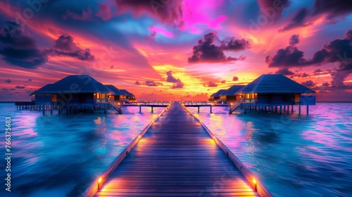 Amazing sunset panorama Maldives. Luxury resort villas pier path seascape soft led lights under colorful sky. Beautiful twilight sky fantastic clouds. Majestic beach background best vacation holiday