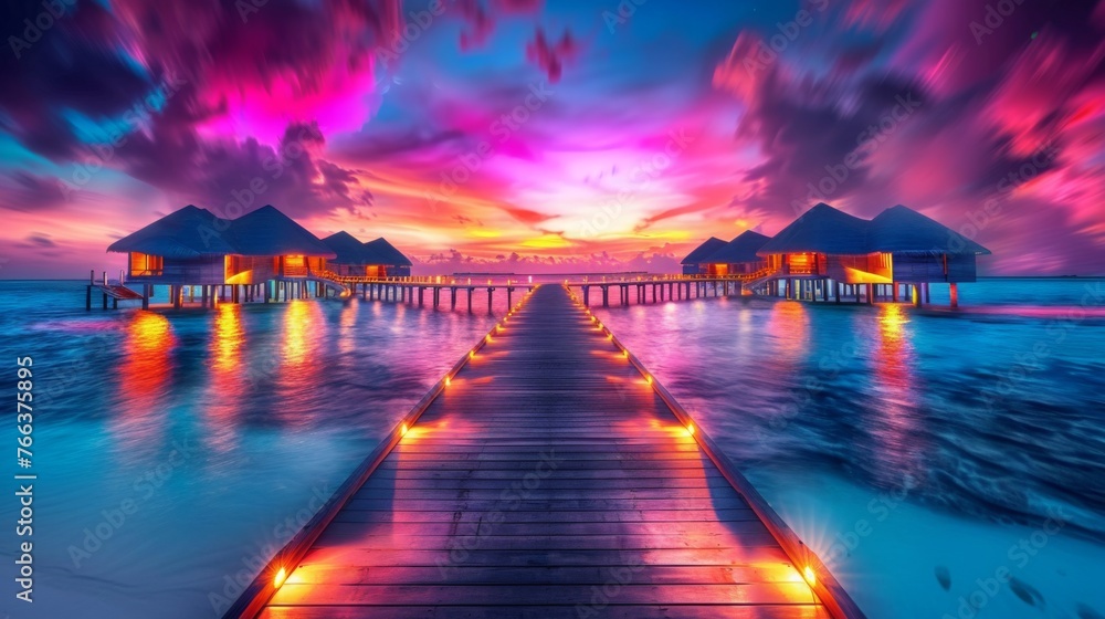 Amazing sunset panorama Maldives. Luxury resort villas pier path seascape soft led lights under colorful sky. Beautiful twilight sky fantastic clouds. Majestic beach background best vacation holiday - obrazy, fototapety, plakaty 