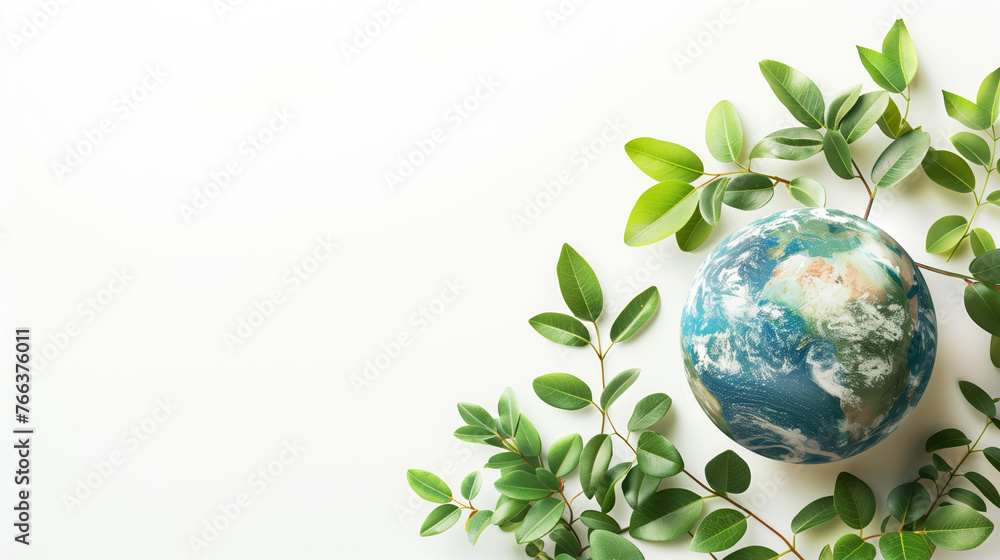 Earth globe wrapped in green leaves on a white background, symbolizing environmental conservation, suitable for Earth Day promotions Earth globe wrapped in green leaves on a white background, symbolizing environmental conservation, suitable for Earth Day promotions