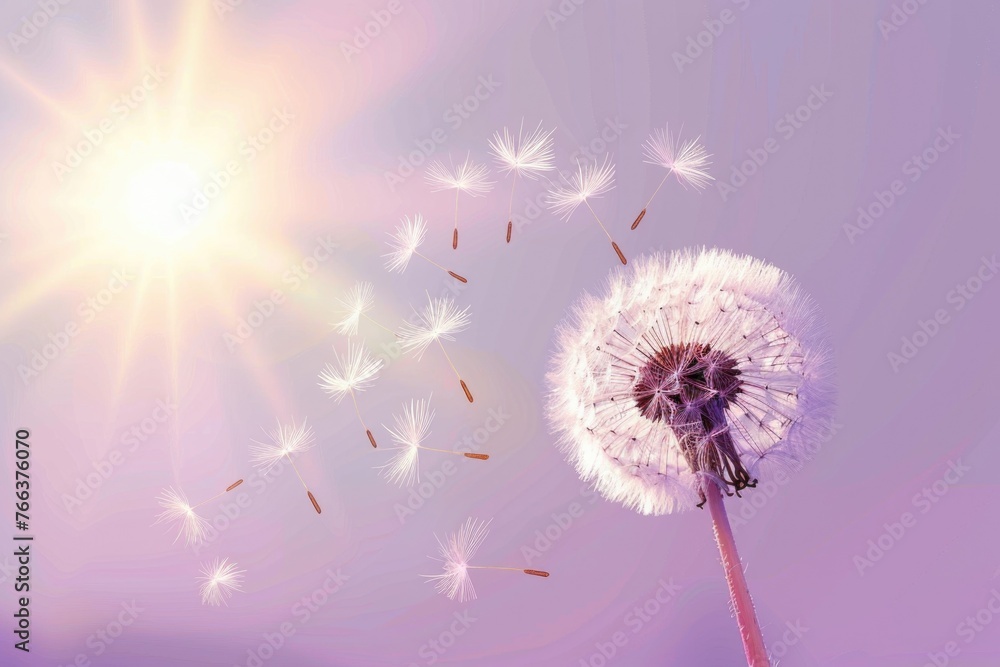 A dandelion is blowing in the wind, with the sun shining brightly in the background. Concept of freedom and spontaneity, as the dandelion's seeds are carried away by the wind
