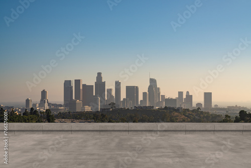 Skyscrapers Cityscape Downtown  Los Angeles Skyline Buildings. Beautiful Real Estate. Sunset. Empty rooftop View. Success concept.