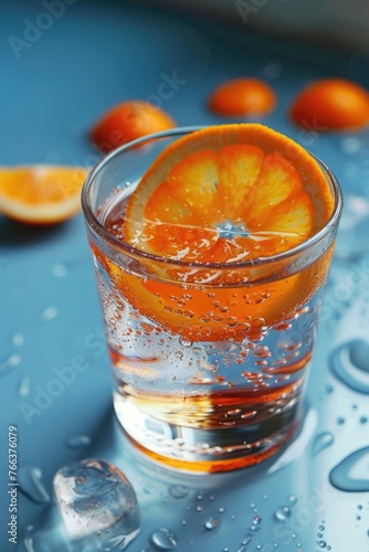 A glass of water with an orange slice in it