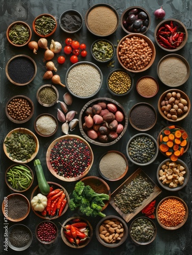 A variety of spices and vegetables are displayed in bowls on a counter. Concept of abundance and variety  with a focus on the different types of food and their colors. Scene is lively and inviting