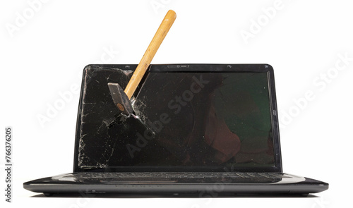 Old broken laptop isolated on white background, broken with hammer