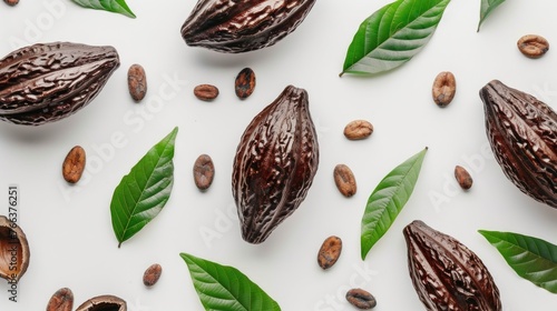 A close up of a bunch of chocolate covered cacao beans and leaves. The beans are surrounded by leaves and scattered around the image photo