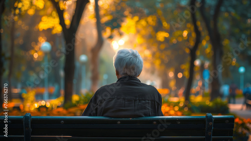 Elderly person sitting alone on a park bench during autumn, contemplating nature, with warm golden leaves and soft sunset light in the background photo