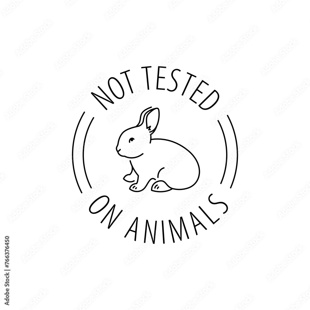 Cruelty free thin line icon. Not tested on animals outline logo sticker for animal friendly product packaging. Cute linear rabbit with text in circle. Vegan eco cosmetics. Simple lined badge
