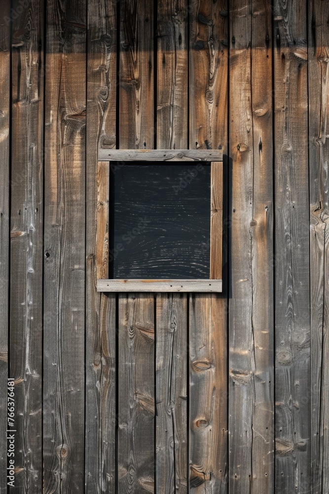 A window with a black board on it. The window is in a wooden frame