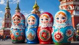 Cute nesting dolls on the background of the Kremlin, Moscow.