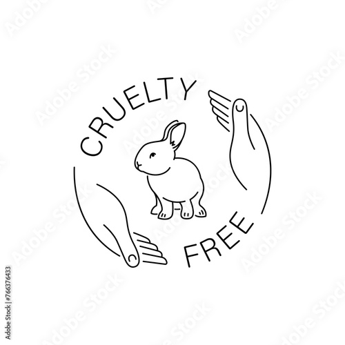 Cruelty free thin line icon. Not tested on animals outline logo sticker for animal friendly product packaging. Cute linear rabbit with text in circle. Vegan eco cosmetics. Simple lined badge (ID: 766376433)