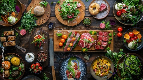 Sumptuous Spread of Homemade Gourmet Dishes and Fresh Produce on Rustic Wooden Table