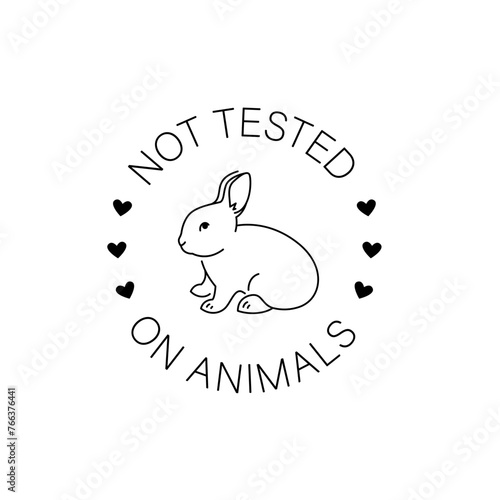 Cruelty free thin line icon. Not tested on animals outline logo sticker for animal friendly product packaging. Cute linear rabbit with text in circle. Vegan eco cosmetics. Simple lined badge (ID: 766376441)