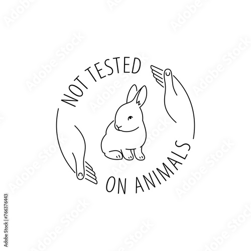 Cruelty free thin line icon. Not tested on animals outline logo sticker for animal friendly product packaging. Cute linear rabbit with text in circle. Vegan eco cosmetics. Simple lined badge (ID: 766376443)