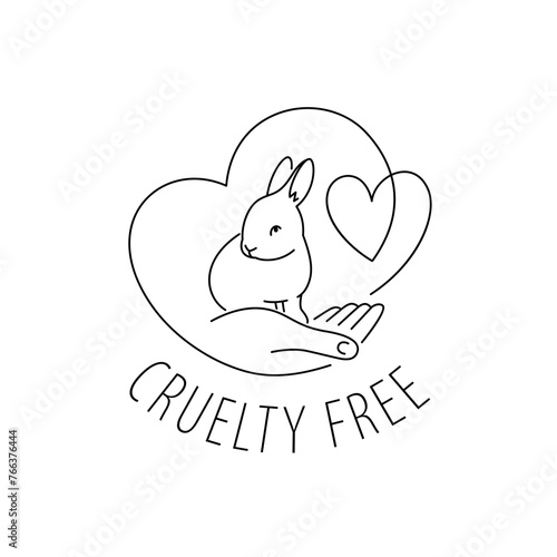 Cruelty free thin line icon. Not tested on animals outline logo sticker for animal friendly product packaging. Cute linear rabbit with text in circle. Vegan eco cosmetics. Simple lined badge (ID: 766376444)