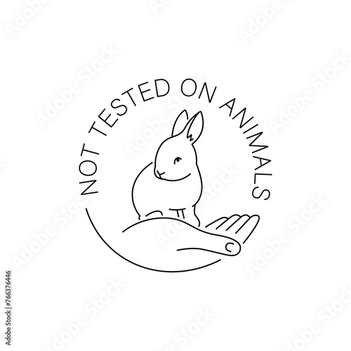 Cruelty free thin line icon. Not tested on animals outline logo sticker for animal friendly product packaging. Cute linear rabbit with text in circle. Vegan eco cosmetics. Simple lined badge (ID: 766376446)