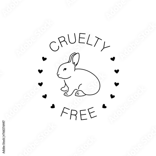 Cruelty free thin line icon. Not tested on animals outline logo sticker for animal friendly product packaging. Cute linear rabbit with text in circle. Vegan eco cosmetics. Simple lined badge (ID: 766376447)