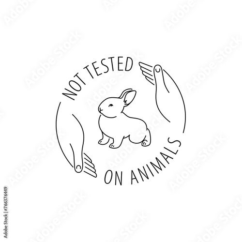 Cruelty free thin line icon. Not tested on animals outline logo sticker for animal friendly product packaging. Cute linear rabbit with text in circle. Vegan eco cosmetics. Simple lined badge (ID: 766376449)