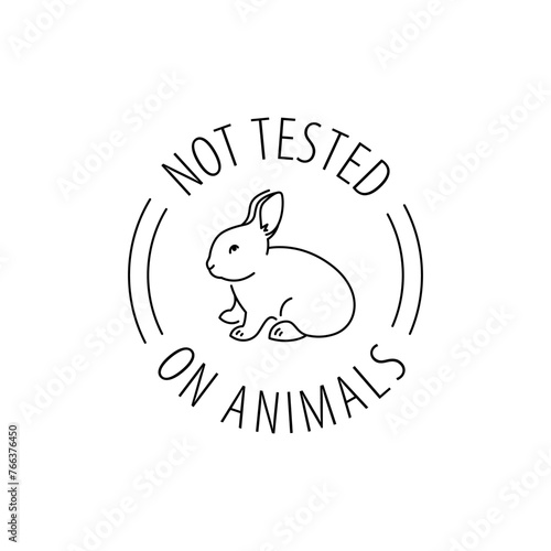 Cruelty free thin line icon. Not tested on animals outline logo sticker for animal friendly product packaging. Cute linear rabbit with text in circle. Vegan eco cosmetics. Simple lined badge (ID: 766376450)