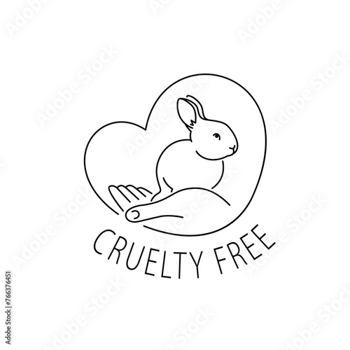 Cruelty free thin line icon. Not tested on animals outline logo sticker for animal friendly product packaging. Cute linear rabbit with text in circle. Vegan eco cosmetics. Simple lined badge (ID: 766376451)
