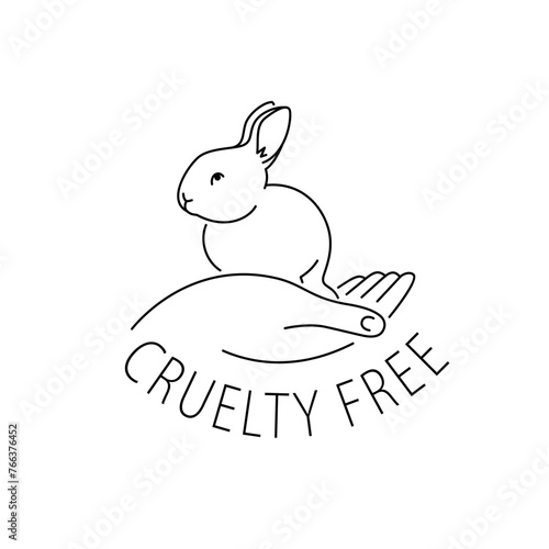 Cruelty free thin line icon. Not tested on animals outline logo sticker for animal friendly product packaging. Cute linear rabbit with text in circle. Vegan eco cosmetics. Simple lined badge (ID: 766376452)