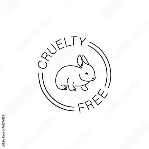 Cruelty free thin line icon. Not tested on animals outline logo sticker for animal friendly product packaging. Cute linear rabbit with text in circle. Vegan eco cosmetics. Simple lined badge (ID: 766376453)
