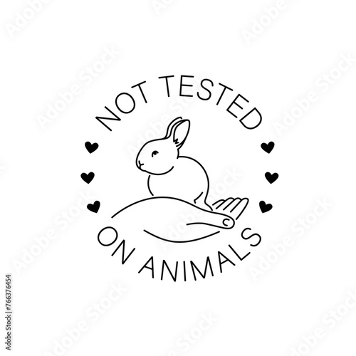 Cruelty free thin line icon. Not tested on animals outline logo sticker for animal friendly product packaging. Cute linear rabbit with text in circle. Vegan eco cosmetics. Simple lined badge (ID: 766376454)