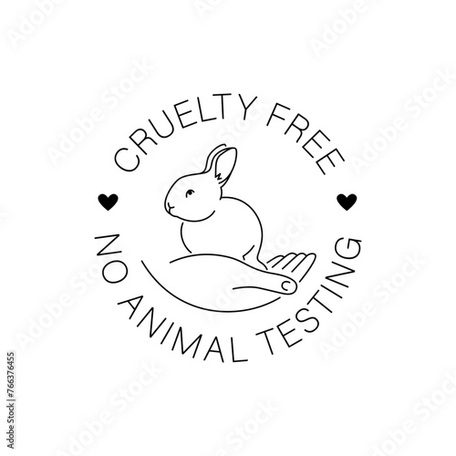 Cruelty free thin line icon. Not tested on animals outline logo sticker for animal friendly product packaging. Cute linear rabbit with text in circle. Vegan eco cosmetics. Simple lined badge (ID: 766376455)