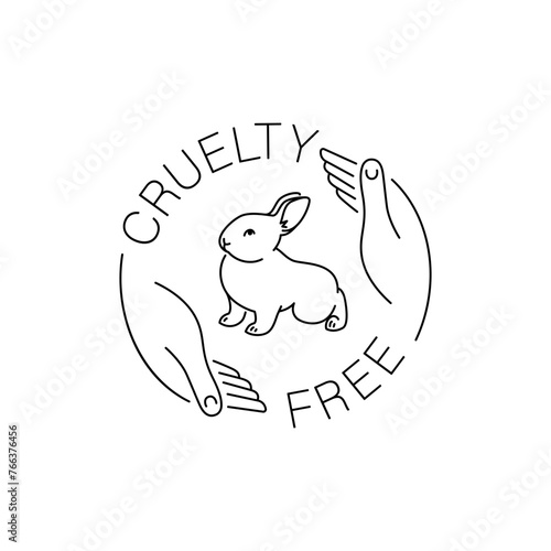 Cruelty free thin line icon. Not tested on animals outline logo sticker for animal friendly product packaging. Cute linear rabbit with text in circle. Vegan eco cosmetics. Simple lined badge (ID: 766376456)