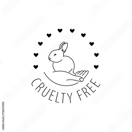 Cruelty free thin line icon. Not tested on animals outline logo sticker for animal friendly product packaging. Cute linear rabbit with text in circle. Vegan eco cosmetics. Simple lined badge (ID: 766376458)