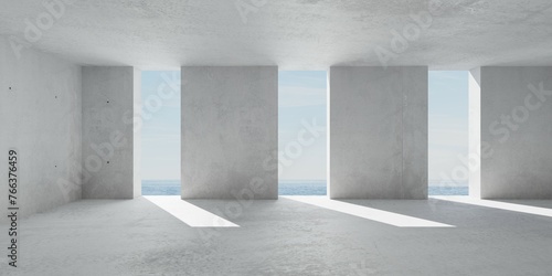 Abstract empty, modern concrete room with divided back wall, rough floor and ocean view - industrial interior background template