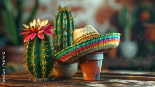 A cactus with a flower and a hat on top of it. The hat is colorful and has a striped design