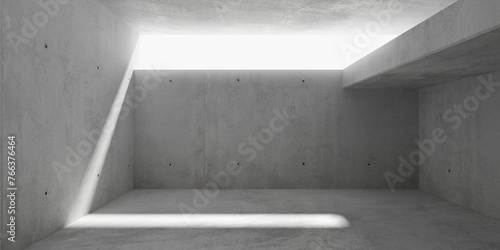 Abstract empty, modern concrete room with wide opening in the back top and rough floor - industrial interior background template