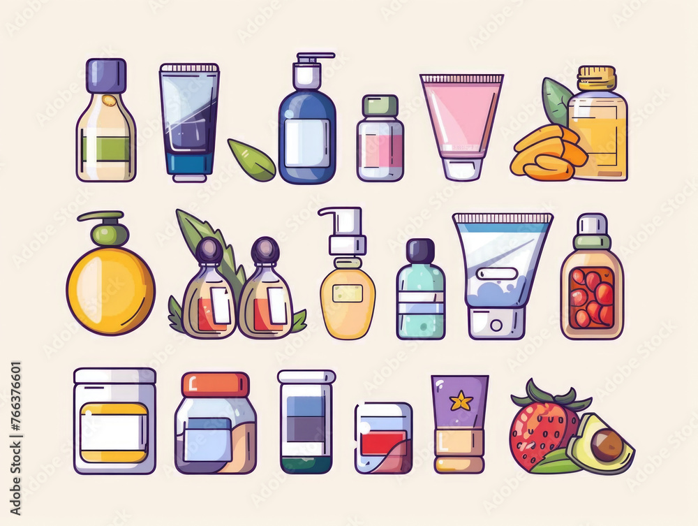 A collection of various beauty products including lotions, creams, and oils. The image has a bright and cheerful mood, with the products arranged in a visually appealing way A collection of various beauty products including lotions, creams, and oils. The image has a bright and cheerful mood, with the products arranged in a visually appealing way