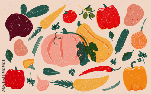 Set of vegetables in risograph style