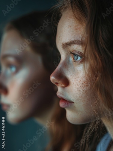 Two women with brown hair and blue eyes are looking at the camera. The woman on the left has a more serious expression, while the woman on the right has a more playful expression © vefimov