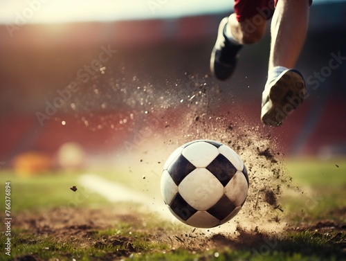 Intense soccer ball kick by player on green soccer field close-up shot © Veronika