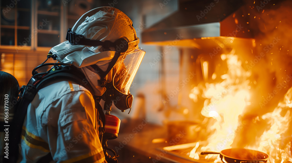 Firefighter in protective gear extinguishing a kitchen fire, highlighting emergency response and safety concepts Firefighter in protective gear extinguishing a kitchen fire, highlighting emergency response and safety concepts