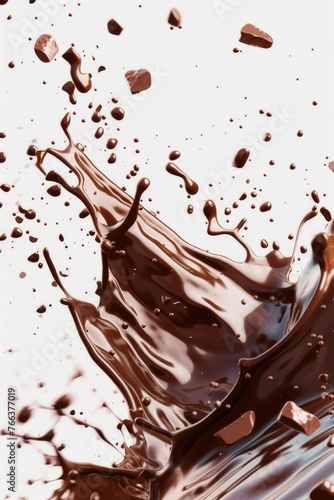 A chocolate splash with chocolate chips and a white background. Scene is playful and fun