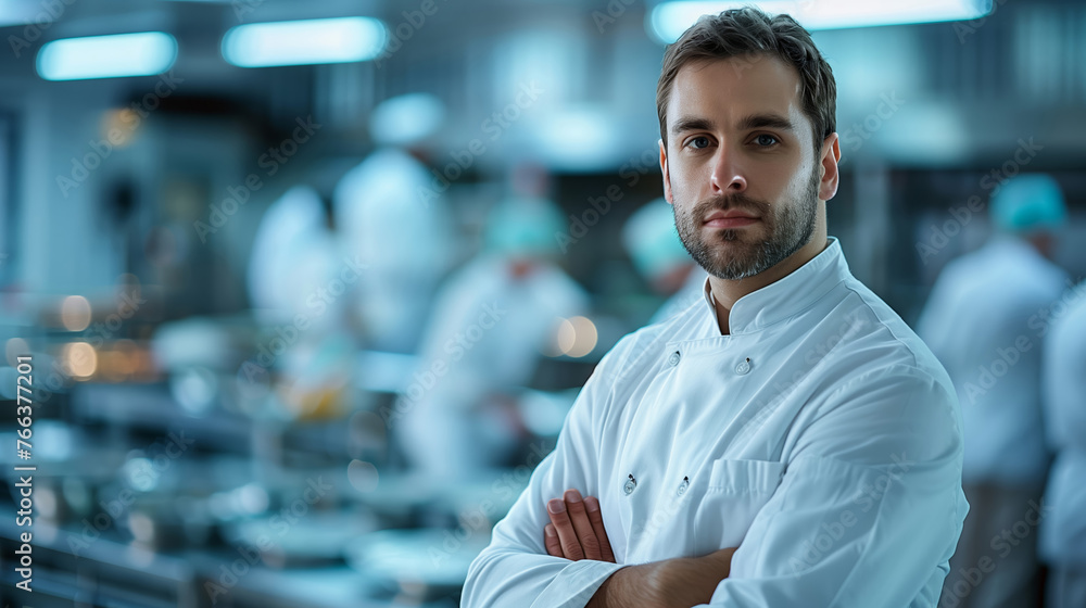 Confident male Caucasian chef with crossed arms standing in a professional kitchen, with a blurred background of culinary team at work Confident male Caucasian chef with crossed arms standing in a professional kitchen, with a blurred background of culinary team at work