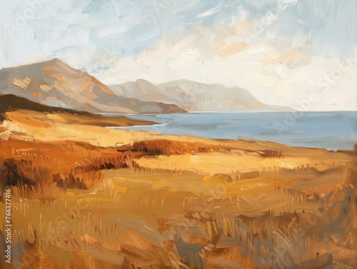 Vintage autumn coastal landscape oil painting featuring distant mountains, rendered in a palette of earthy rich tone
