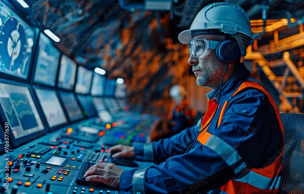 engineer employed at a big mineral extraction facility in a control room. engineer employed at a big mineral extraction facility in a control room.