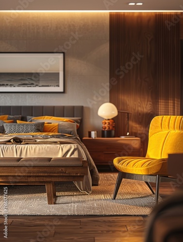 A bedroom with a bed, a chair, and a nightstand. The bed is covered with a yellow comforter and pillows. The room has a cozy and inviting atmosphere