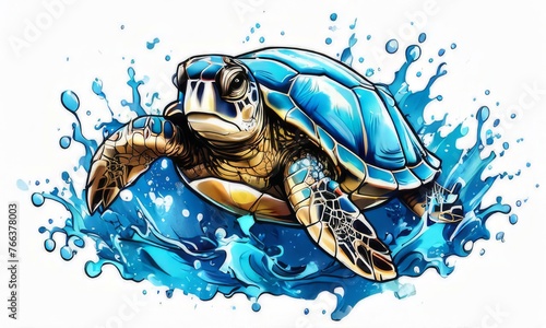 Majestic sea turtle gracefully gliding through crystal clear waters of ocean. For educational materials for kids, game design, animated movies, tourism, stationery, Tshirt design, clothing design.